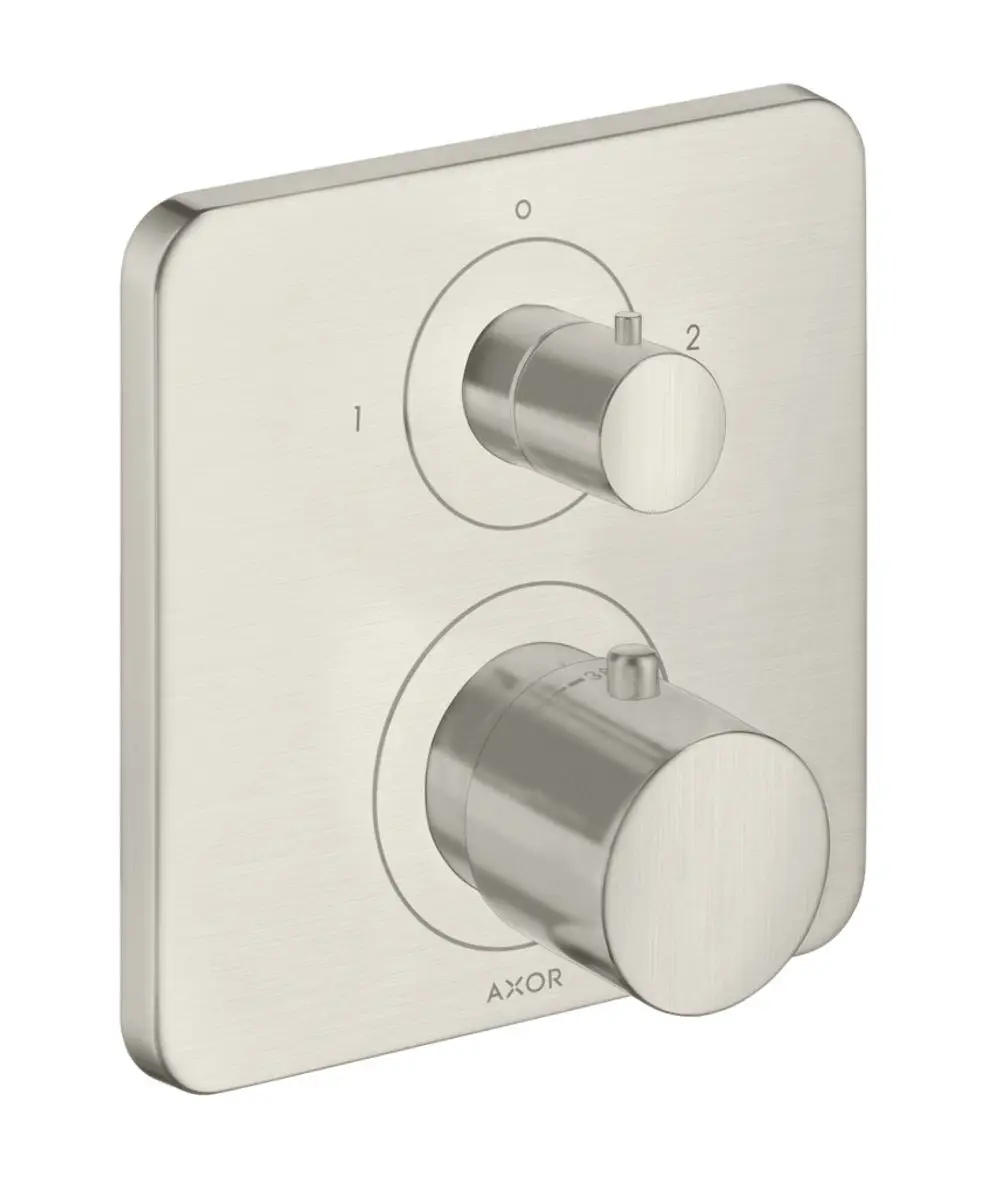 Thermostat mit Ab- und Umstellventil in Edelstahl-Optik, montiert auf quadratischer Unterputzplatte. Marke AXOR. Drehknöpfe für Temperatur- und Funktionsregelung.